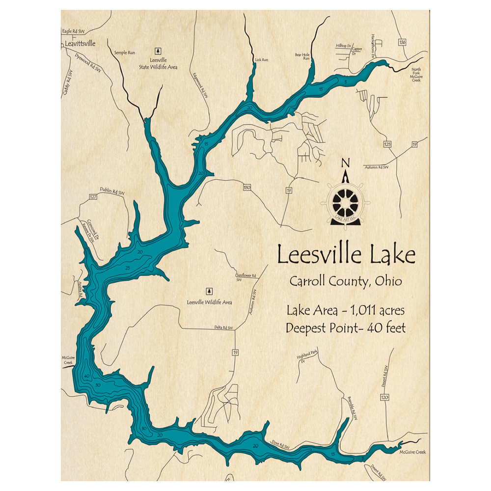 Bathymetric topo map of Leesville Lake, OH with roads, towns and depths noted in blue water.