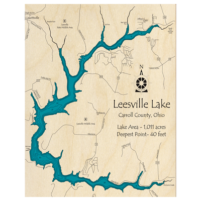 Bathymetric topo map of Leesville Lake, OH with roads, towns and depths noted in blue water.