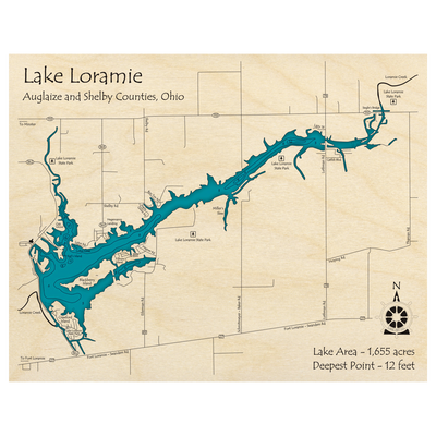 Bathymetric topo map of Loramie Lake, OH with roads, towns and depths noted in blue water.