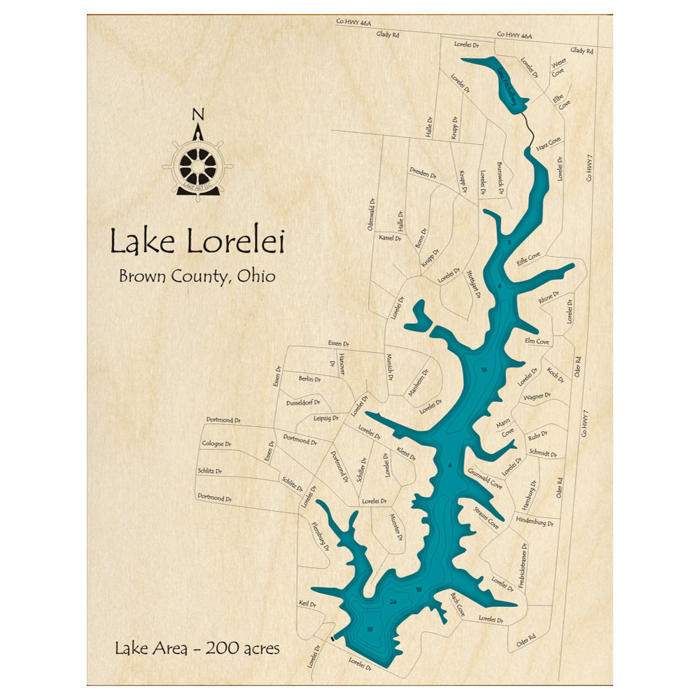 Bathymetric topo map of Lake Lorelei, OH with roads, towns and depths noted in blue water.