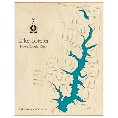 Bathymetric topo map of Lake Lorelei, OH with roads, towns and depths noted in blue water.