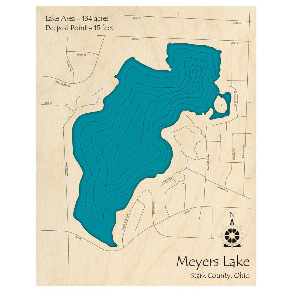Bathymetric topo map of Meyers Lake, OH with roads, towns and depths noted in blue water.