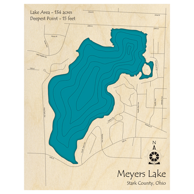Bathymetric topo map of Meyers Lake, OH with roads, towns and depths noted in blue water.