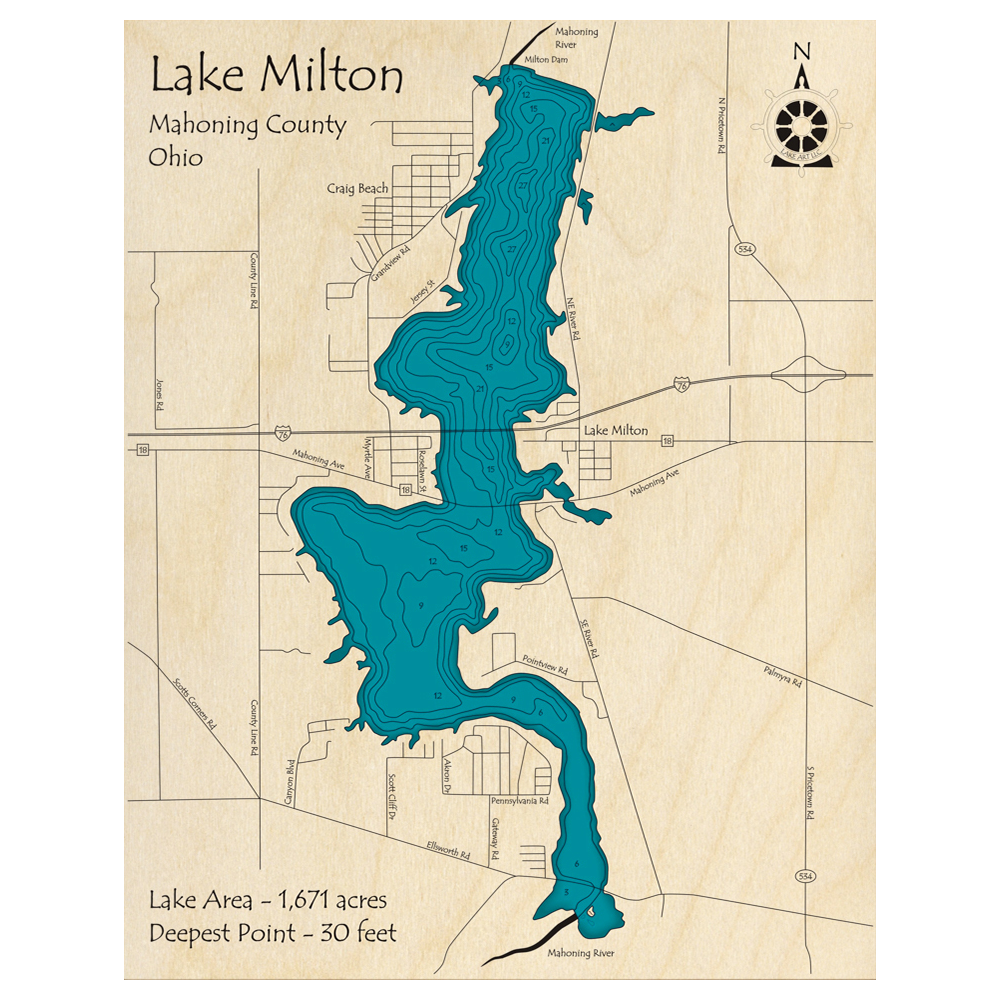 Bathymetric topo map of Lake Milton, OH with roads, towns and depths noted in blue water.