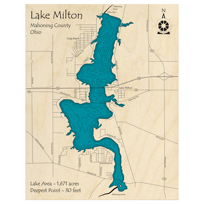 Bathymetric topo map of Lake Milton, OH with roads, towns and depths noted in blue water.