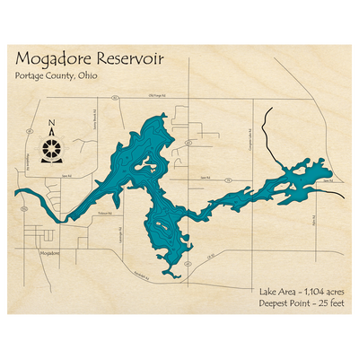 Bathymetric topo map of Mogadore Reservoir, OH with roads, towns and depths noted in blue water.