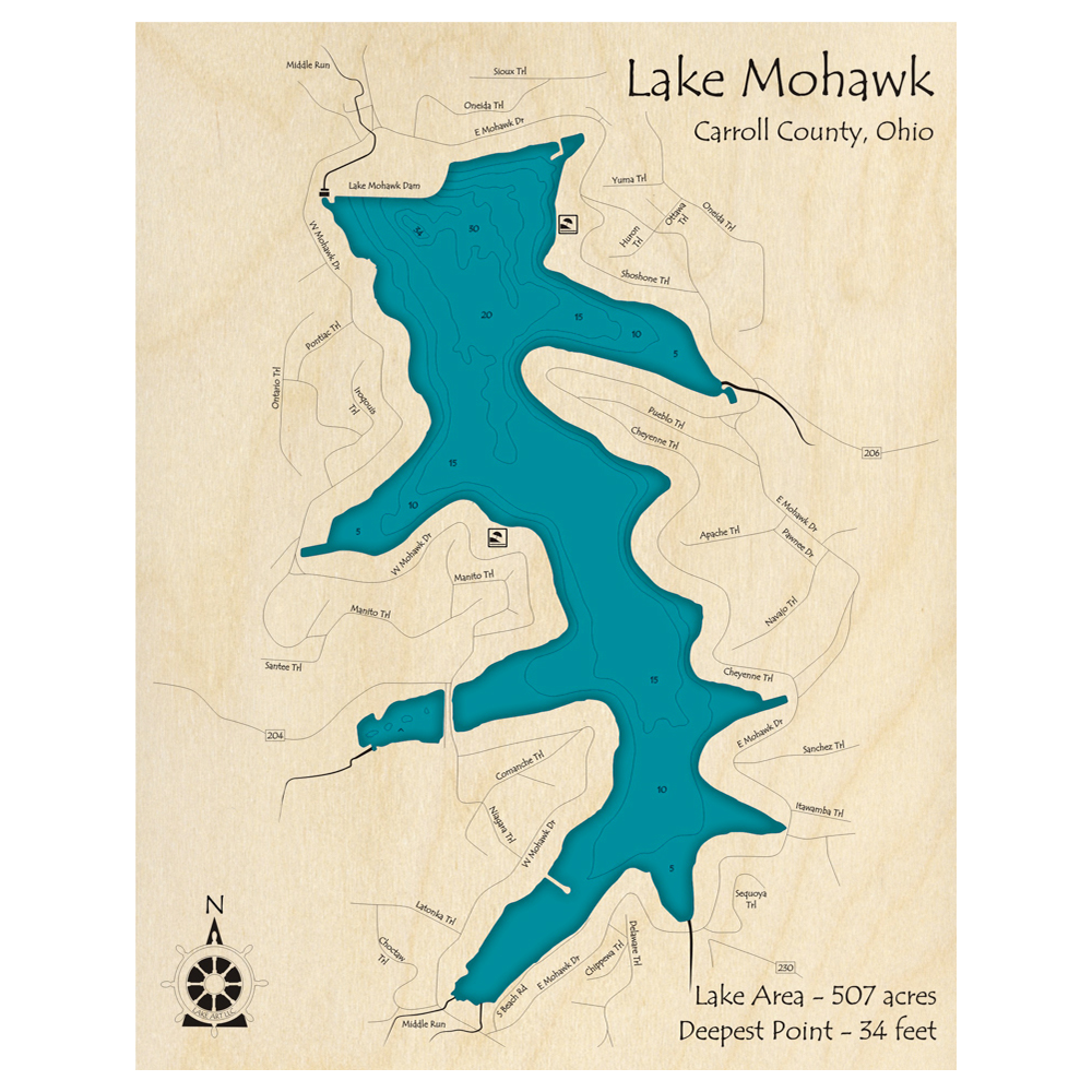 Bathymetric topo map of Lake Mohawk, OH with roads, towns and depths noted in blue water.