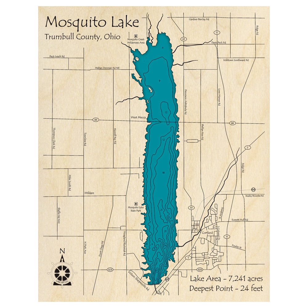 Bathymetric topo map of Mosquito Lake, OH with roads, towns and depths noted in blue water.