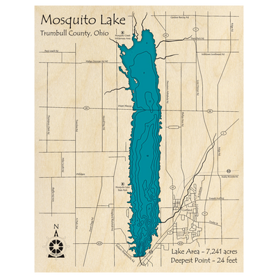 Bathymetric topo map of Mosquito Lake, OH with roads, towns and depths noted in blue water.