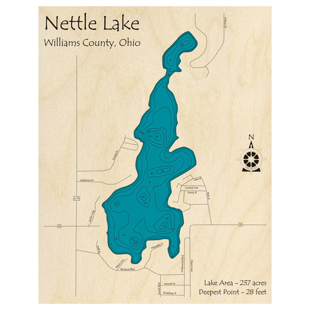 Bathymetric topo map of Nettle Lake, OH with roads, towns and depths noted in blue water.