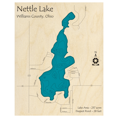 Bathymetric topo map of Nettle Lake, OH with roads, towns and depths noted in blue water.
