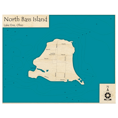 Bathymetric topo map of North Bass Island, OH with roads, towns and depths noted in blue water.