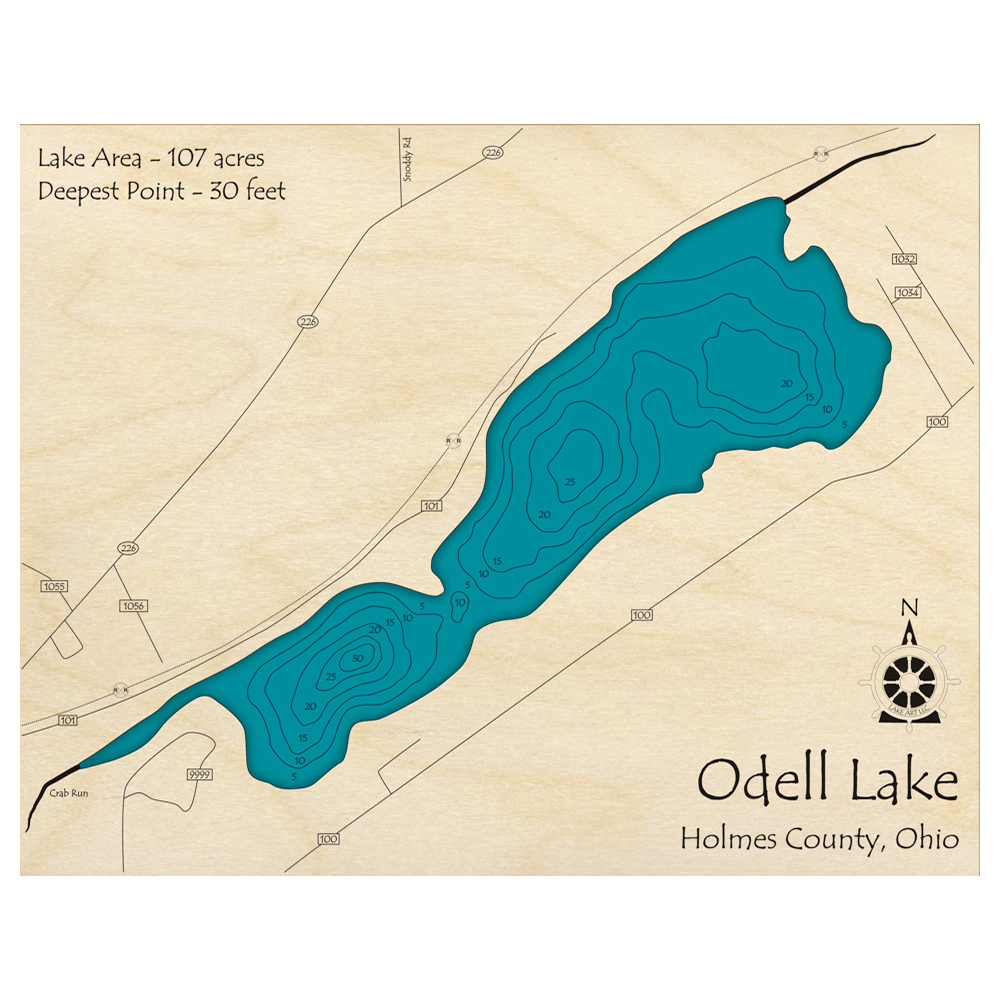 Bathymetric topo map of Odell Lake, OH with roads, towns and depths noted in blue water.