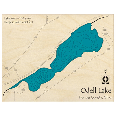 Bathymetric topo map of Odell Lake, OH with roads, towns and depths noted in blue water.