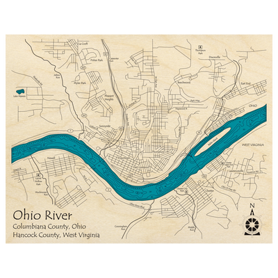 Bathymetric topo map of Ohio River at East Liverpool (OH, WV) with roads, towns and depths noted in blue water.