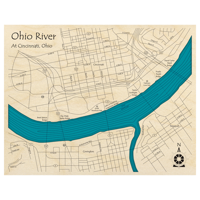 Bathymetric topo map of Ohio River, OH with roads, towns and depths noted in blue water.