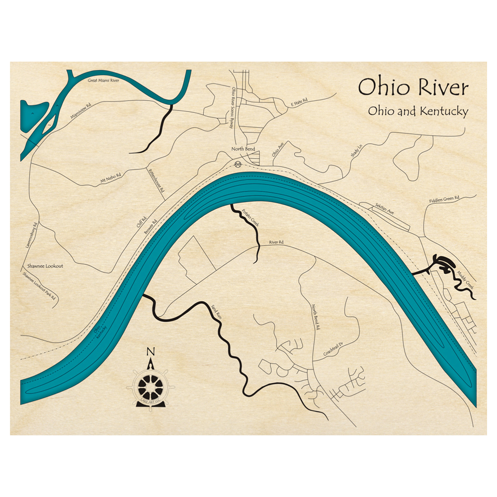 Bathymetric topo map of Ohio River, OH with roads, towns and depths noted in blue water.