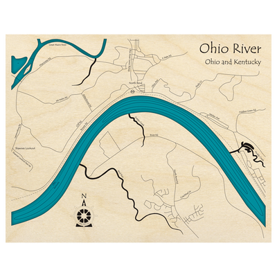 Bathymetric topo map of Ohio River, OH with roads, towns and depths noted in blue water.