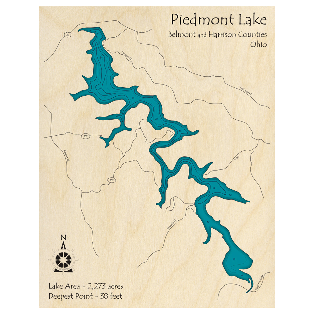 Bathymetric topo map of Piedmont Lake, OH with roads, towns and depths noted in blue water.