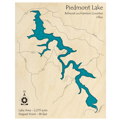 Bathymetric topo map of Piedmont Lake, OH with roads, towns and depths noted in blue water.
