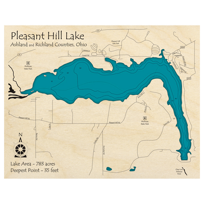 Bathymetric topo map of Pleasant Hill Lake, OH with roads, towns and depths noted in blue water.