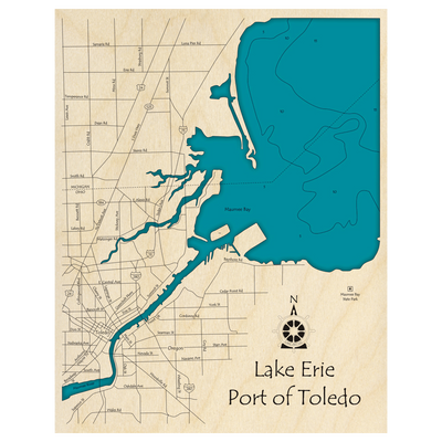 Bathymetric topo map of Port of Toledo (MI, OH) with roads, towns and depths noted in blue water.