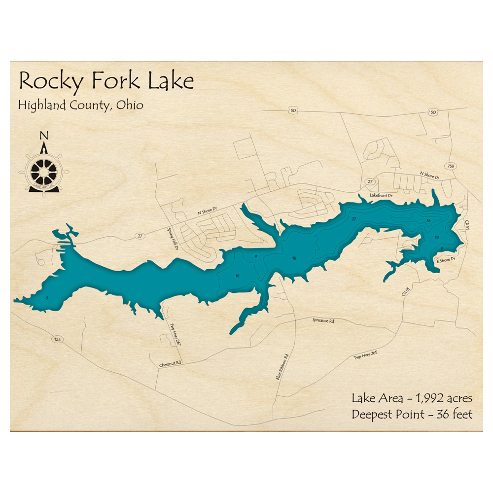 Bathymetric topo map of Rocky Fork Lake, OH with roads, towns and depths noted in blue water.