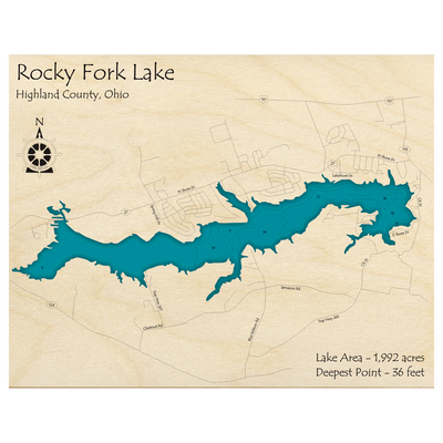 Bathymetric topo map of Rocky Fork Lake, OH with roads, towns and depths noted in blue water.