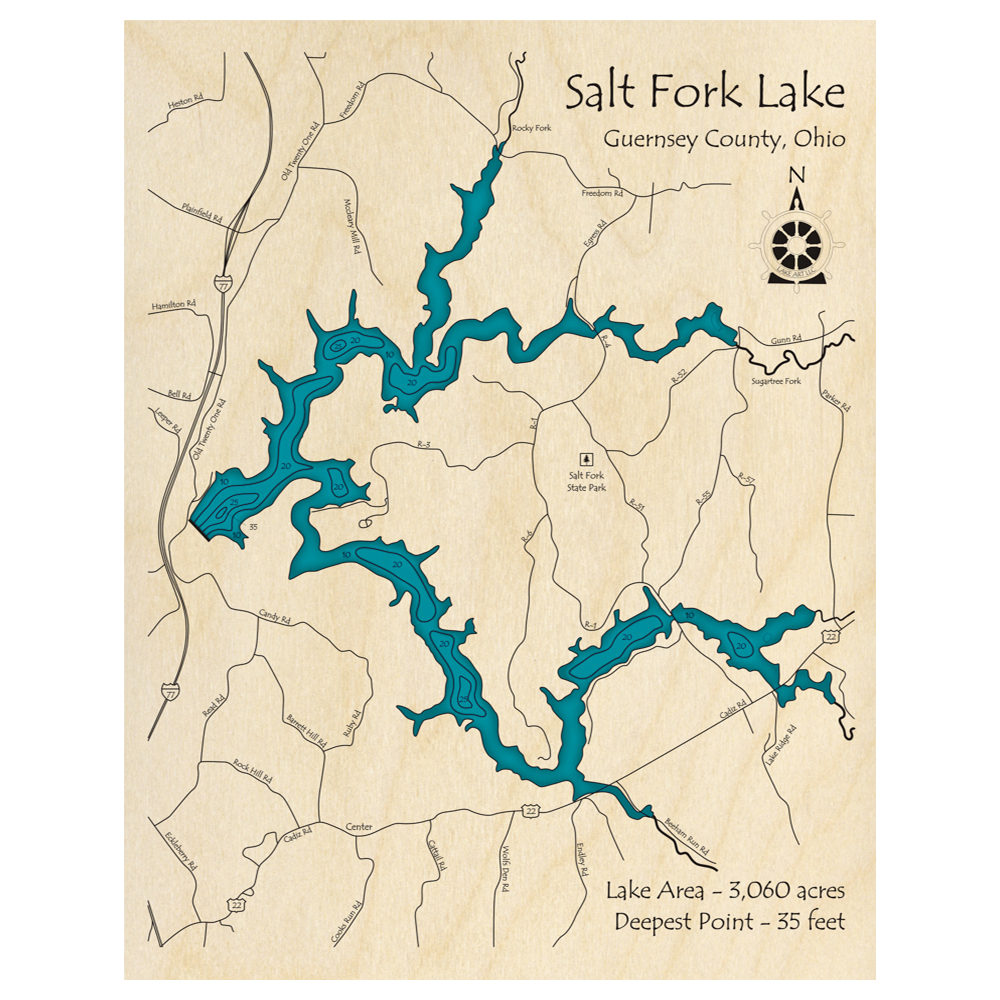 Bathymetric topo map of Salt Fork Lake, OH with roads, towns and depths noted in blue water.