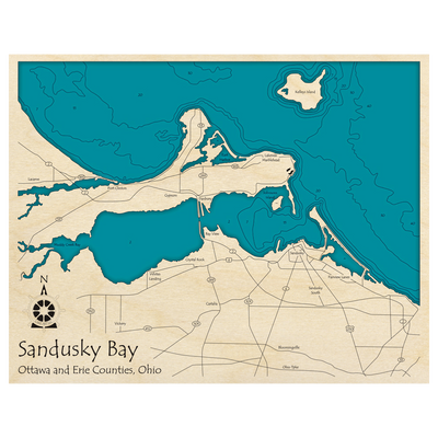 Bathymetric topo map of Sandusky Bay, OH with roads, towns and depths noted in blue water.