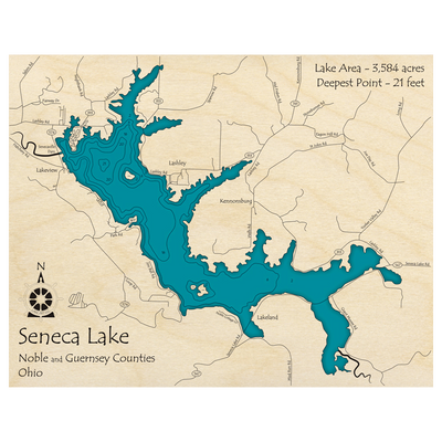 Bathymetric topo map of Seneca Lake, OH with roads, towns and depths noted in blue water.