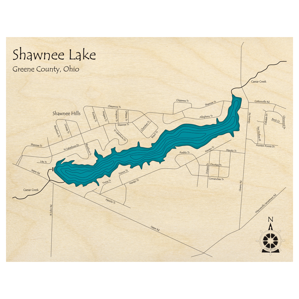 Bathymetric topo map of Shawnee Lake, OH with roads, towns and depths noted in blue water.