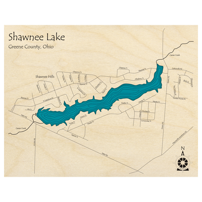Bathymetric topo map of Shawnee Lake, OH with roads, towns and depths noted in blue water.