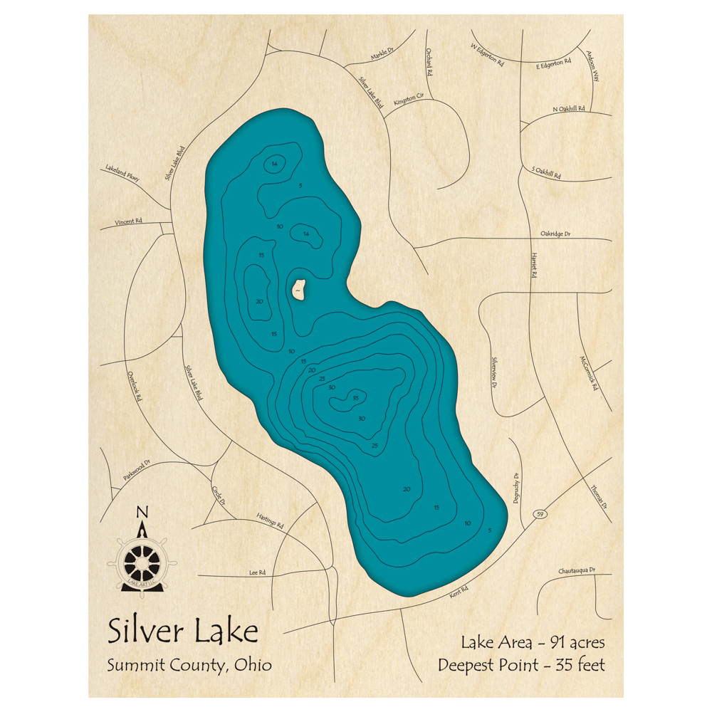 Bathymetric topo map of Silver Lake, OH with roads, towns and depths noted in blue water.