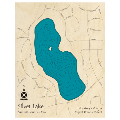 Bathymetric topo map of Silver Lake, OH with roads, towns and depths noted in blue water.