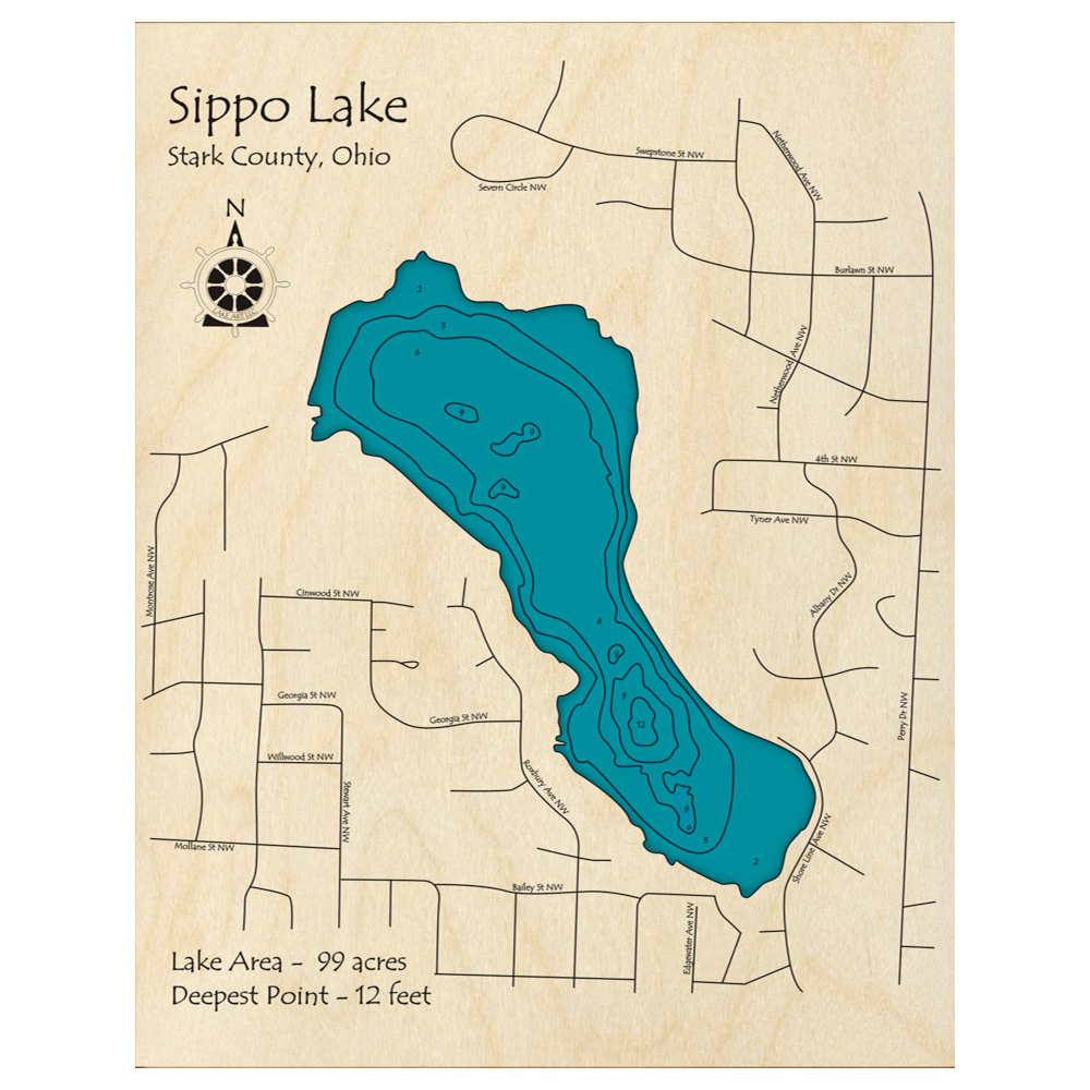 Bathymetric topo map of Sippo Lake, OH with roads, towns and depths noted in blue water.
