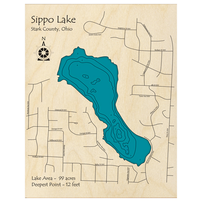 Bathymetric topo map of Sippo Lake, OH with roads, towns and depths noted in blue water.
