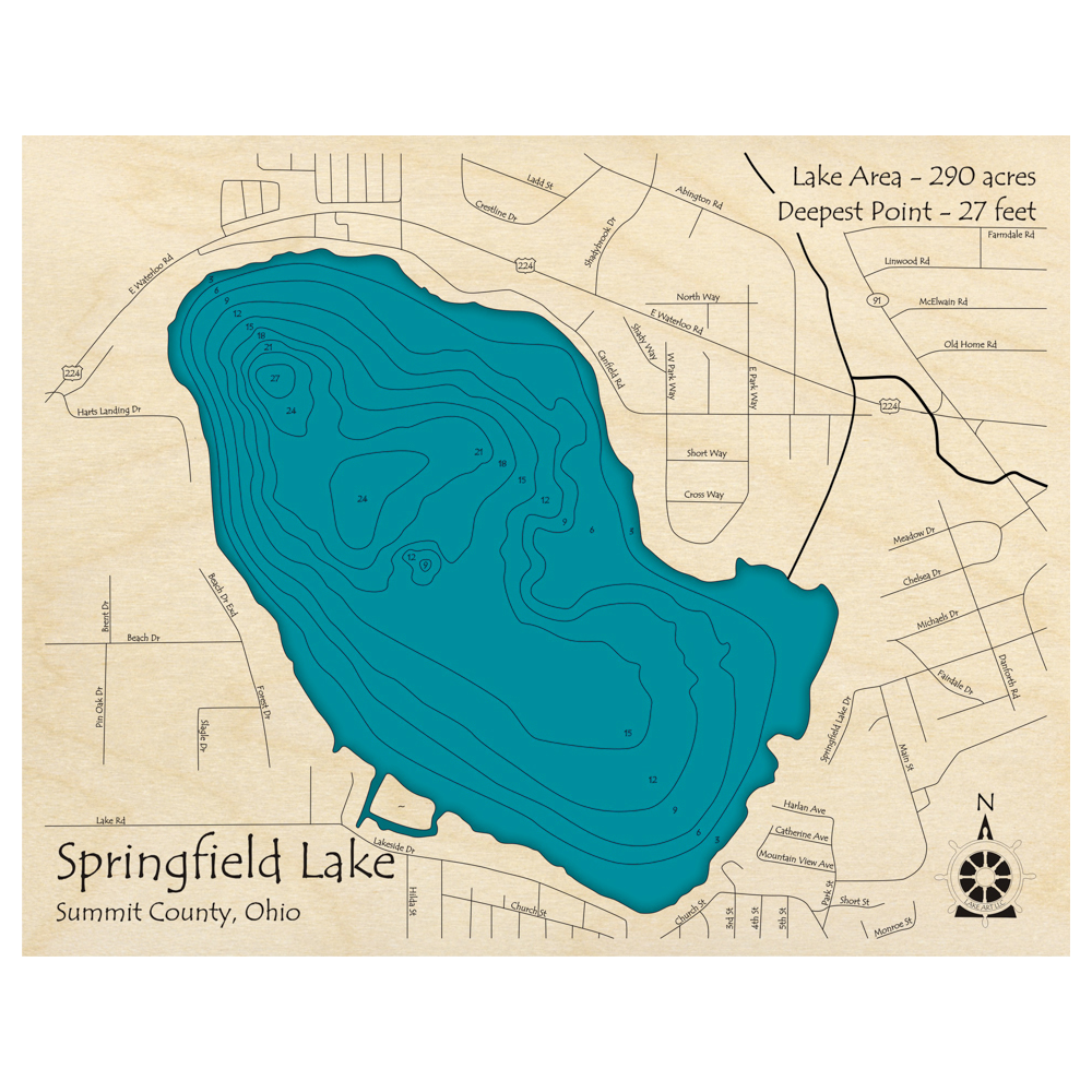 Bathymetric topo map of Springfield Lake, OH with roads, towns and depths noted in blue water.