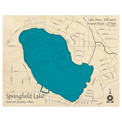 Bathymetric topo map of Springfield Lake, OH with roads, towns and depths noted in blue water.