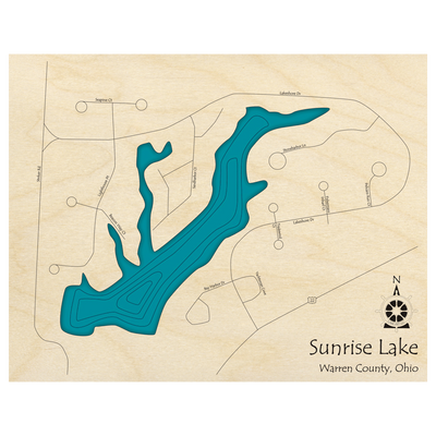Bathymetric topo map of Sunrise Lake, OH with roads, towns and depths noted in blue water.