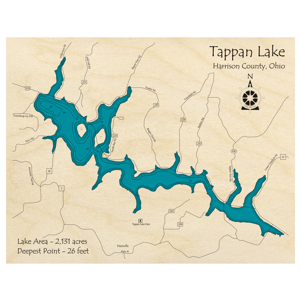 Bathymetric topo map of Tappan Lake, OH with roads, towns and depths noted in blue water.