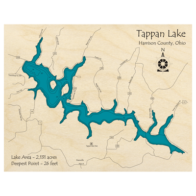 Bathymetric topo map of Tappan Lake, OH with roads, towns and depths noted in blue water.