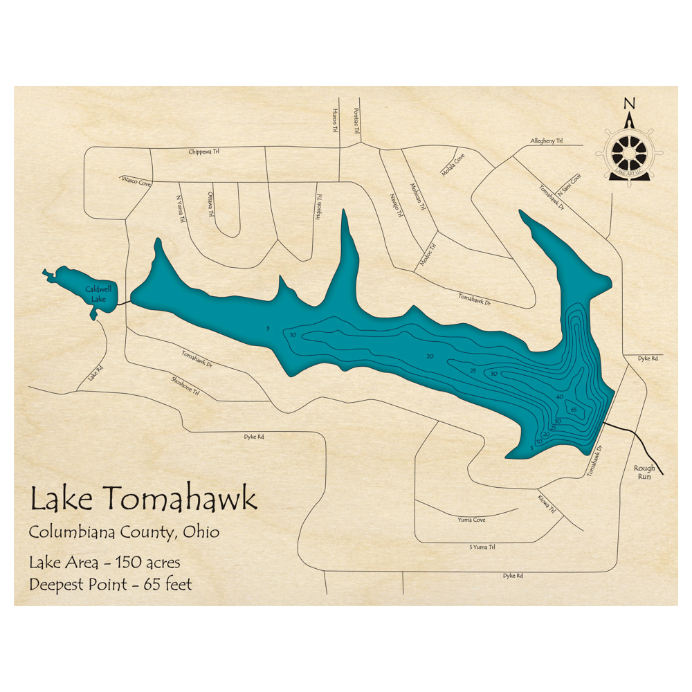 Bathymetric topo map of Lake Tomahawk, OH with roads, towns and depths noted in blue water.