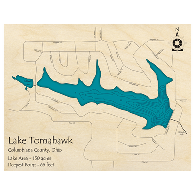 Bathymetric topo map of Lake Tomahawk, OH with roads, towns and depths noted in blue water.