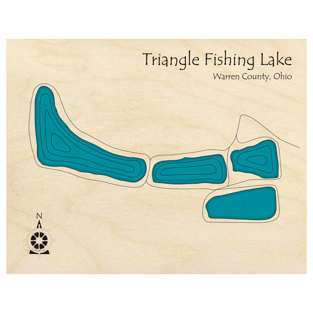 Bathymetric topo map of Triangle Fishing Lake, OH with roads, towns and depths noted in blue water.