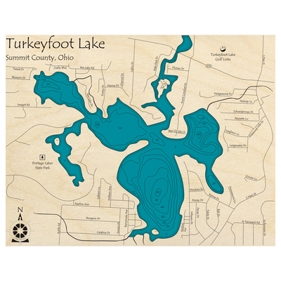 Bathymetric topo map of Turkeyfoot Lake, OH with roads, towns and depths noted in blue water.