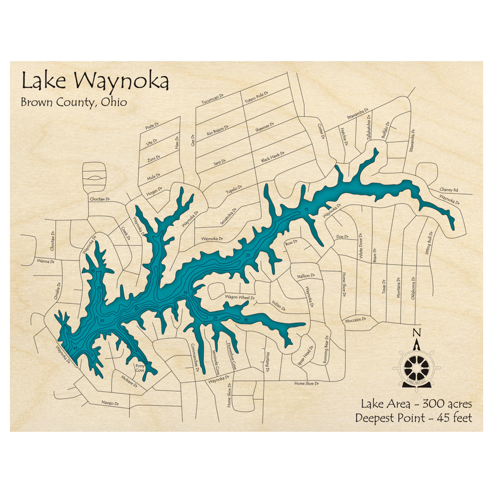 Bathymetric topo map of Lake Waynoka, OH with roads, towns and depths noted in blue water.