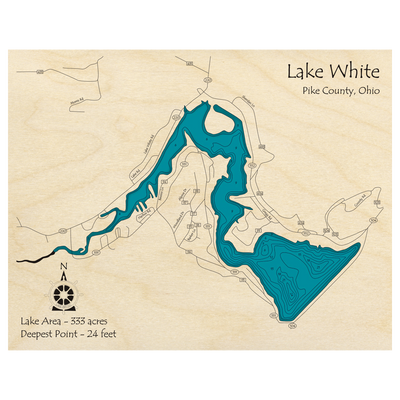 Bathymetric topo map of White Lake, OH with roads, towns and depths noted in blue water.