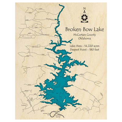 Bathymetric topo map of Broken Bow Lake, OK with roads, towns and depths noted in blue water.