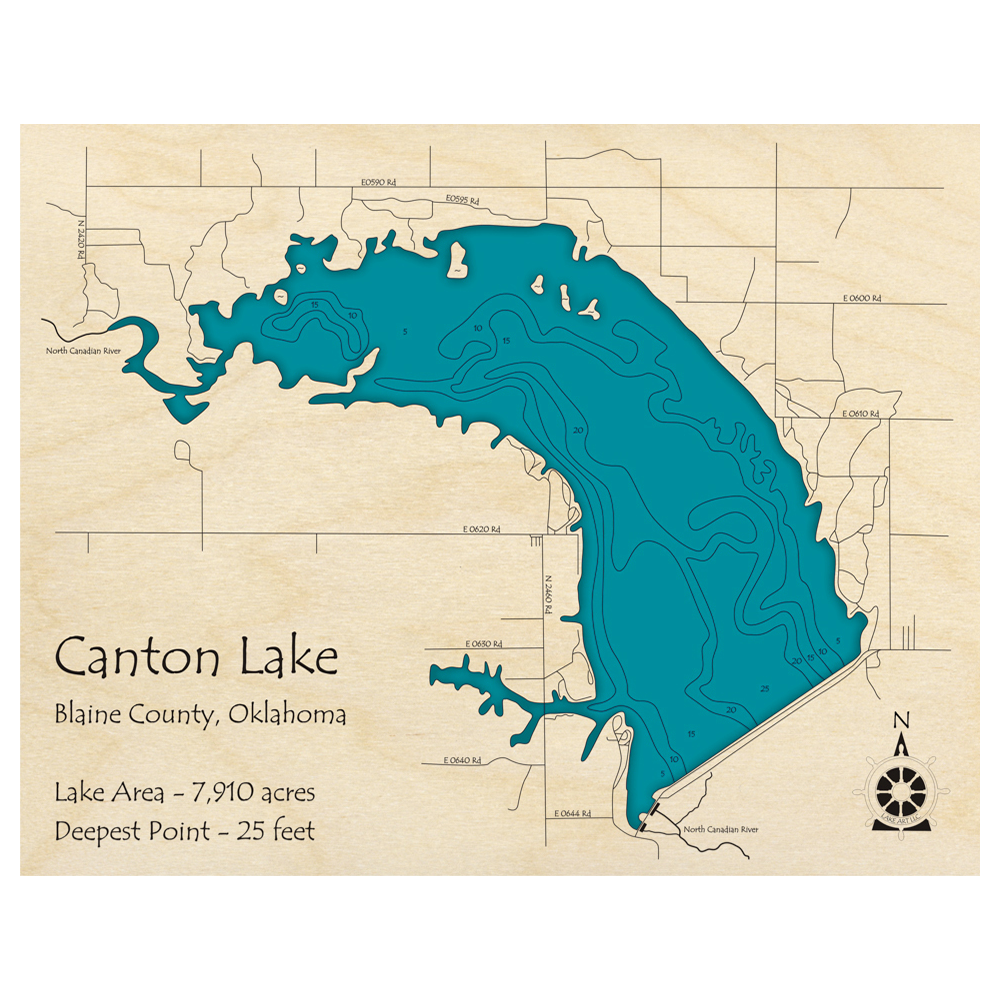 Bathymetric topo map of Canton Lake, OK with roads, towns and depths noted in blue water.